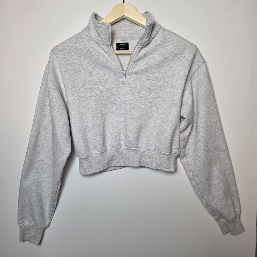 Ardene Cropped Quarter Zip Sweatshirt Light Grey Heather Size Medium
